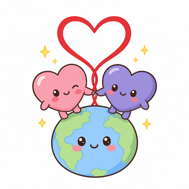 Two heart characters holding hands on top of a smiling Earth