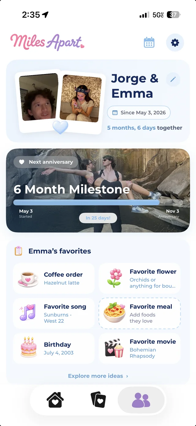 Couple profile with next anniversary and favorites